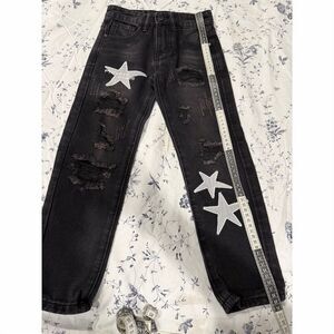Philipp Plein Men's Black Ripped Jeans with White Star Appliques Size 6Y